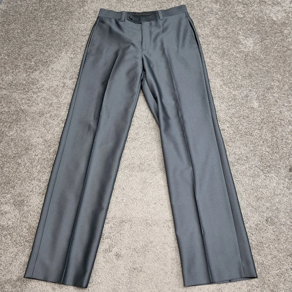 Calvin Klein Mens 2 Piece Suit 38L 30x32 Sharkskin Gray Herringbone Blazer Pant